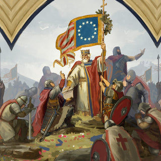 an alt-history illustration depicting a medieval scene, but with a United States flag and knights